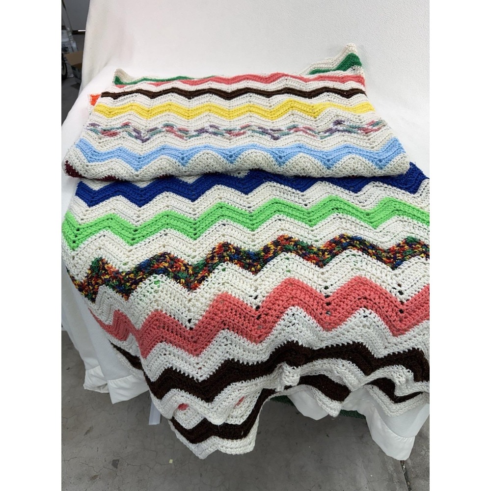 Handmade Crochet Granny Afghan Blanket Multicolor Chevron Pattern Large